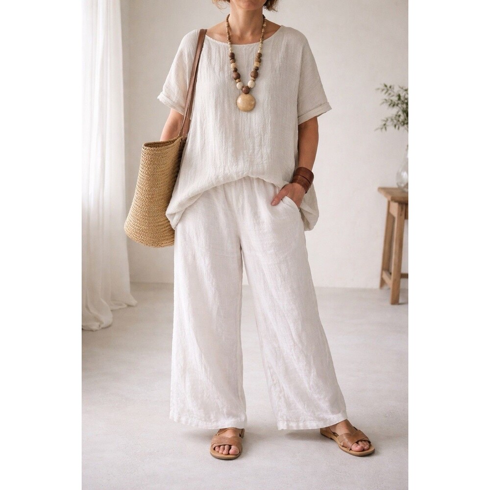 FLAX Linen Pants L White Pull On Elastic Waist Wide Leg Pockets Relaxed Fit Boho